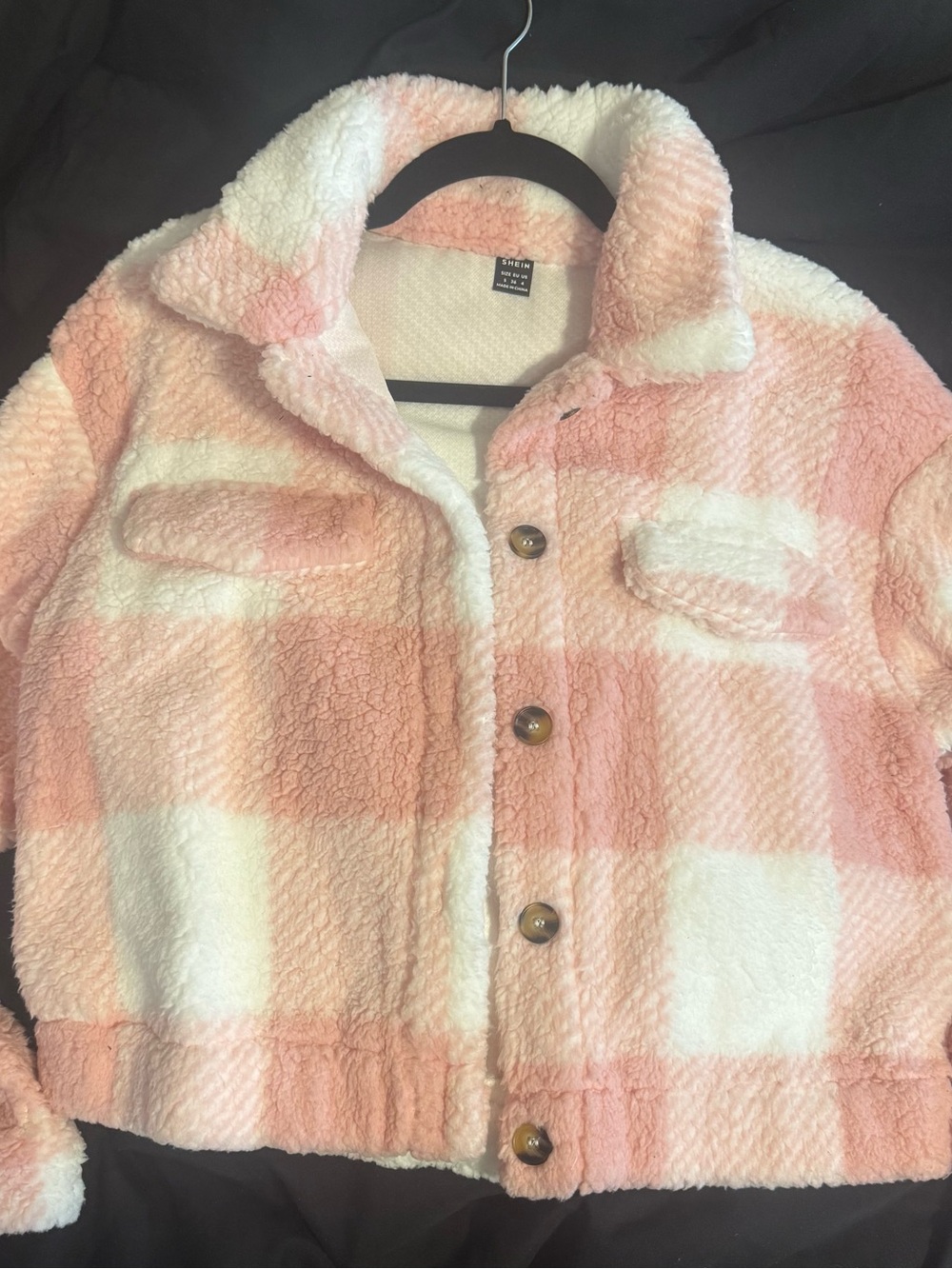 SHEIN Pink & White Plaid Sherpa Jacket